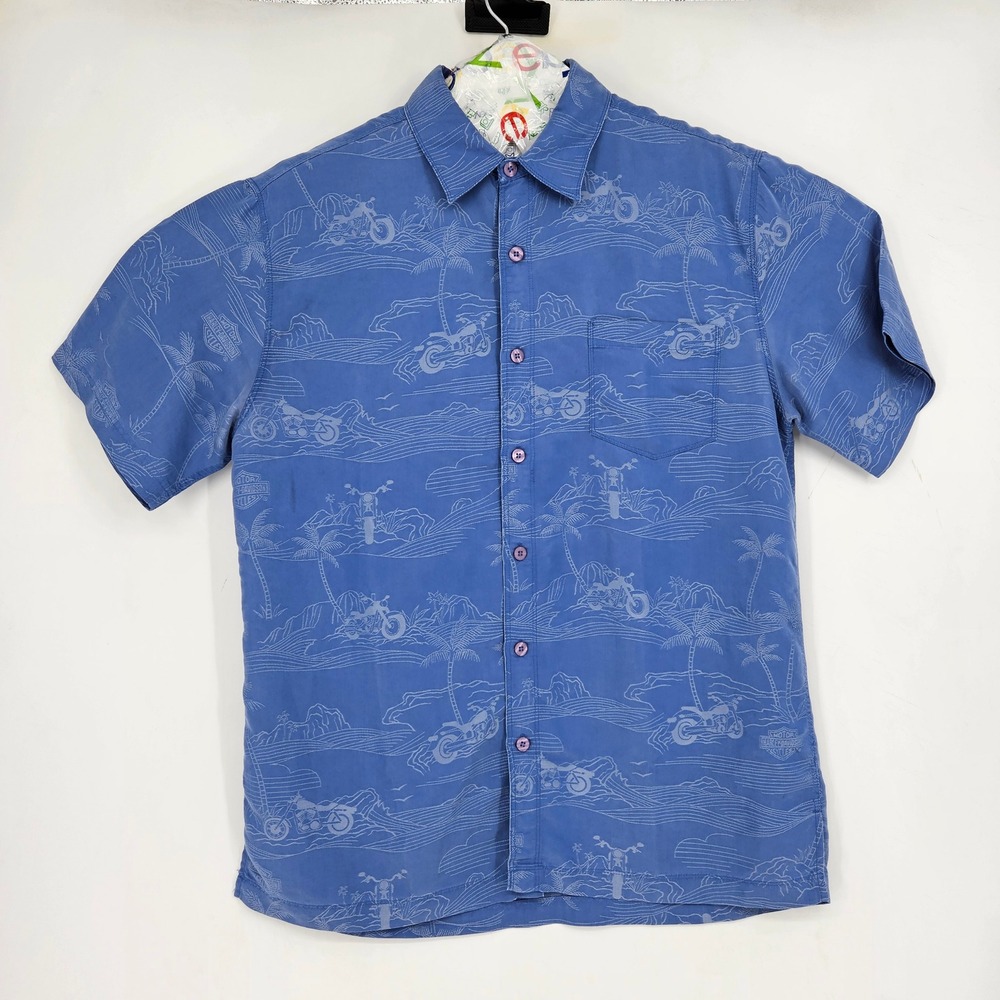 Vintage Harley Davidson Shirt Mens Medium Button Up Blue Jacquard AOP FLAWS